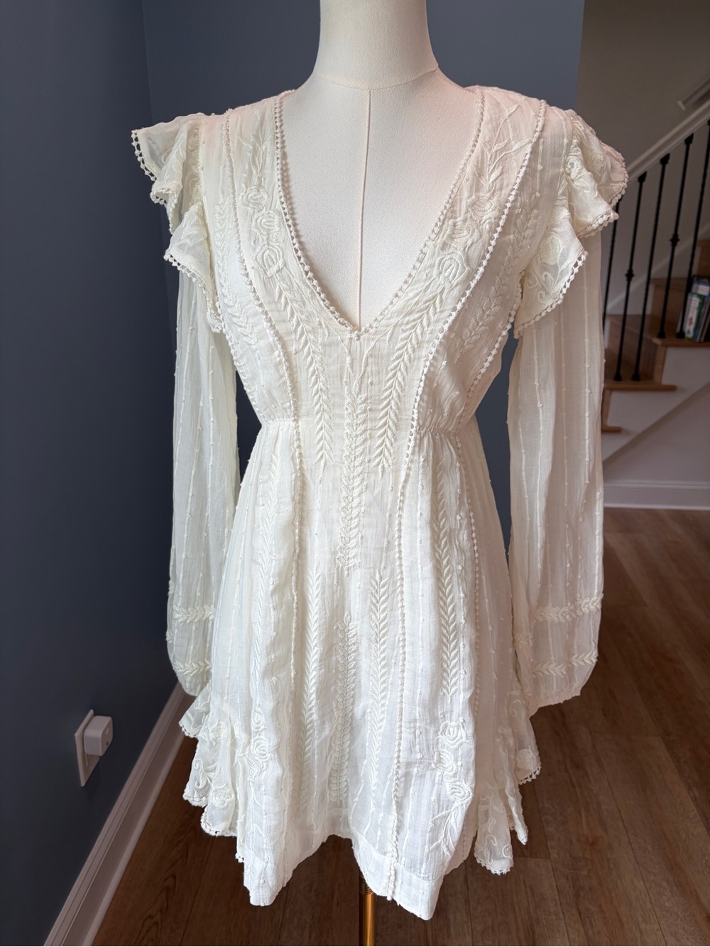 Free People Isabella Mini Dress Ivory Embroidered Ruffle Boho Size 0